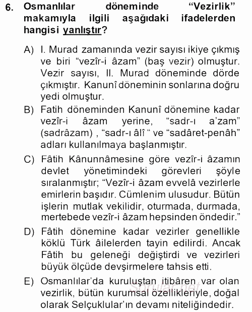 İslam Kurumları ve Medeniyeti 2013 - 2014 Dönem Sonu Sınavı 6.Soru