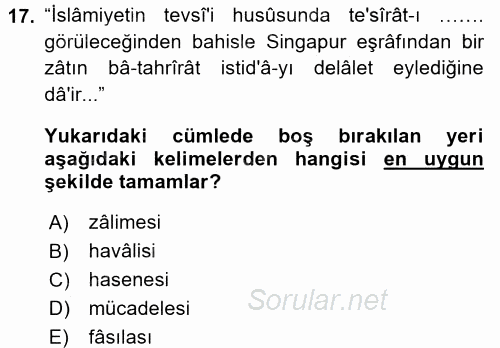 Osmanlı Türkçesi Metinleri 2 2015 - 2016 Dönem Sonu Sınavı 17.Soru