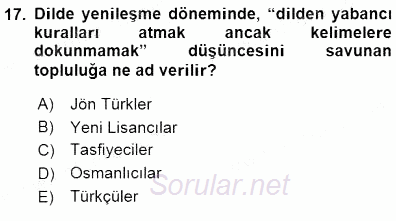 XVI-XIX. Yüzyıllar Türk Dili 2015 - 2016 Dönem Sonu Sınavı 17.Soru