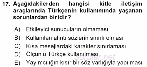 Türk Dili 1 2017 - 2018 3 Ders Sınavı 17.Soru