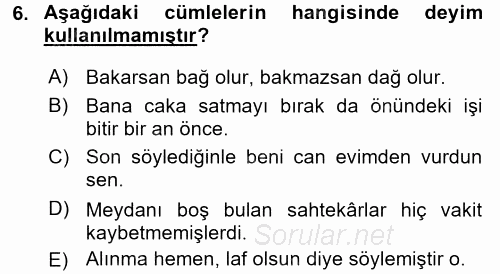 Türk Dili 1 2017 - 2018 3 Ders Sınavı 6.Soru