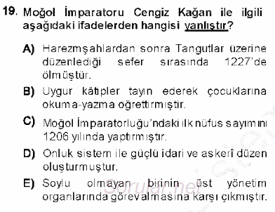 Orta Asya Türk Tarihi 2013 - 2014 Ara Sınavı 19.Soru