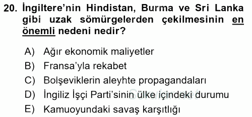 Sömürgecilik Tarihi (Afrika-Asya) 2015 - 2016 Dönem Sonu Sınavı 20.Soru