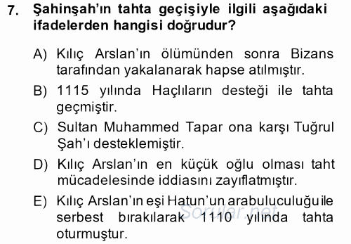Türkiye Selçuklu Tarihi 2014 - 2015 Ara Sınavı 7.Soru