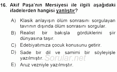 Tanzimat Dönemi Türk Edebiyatı 1 2015 - 2016 Ara Sınavı 16.Soru