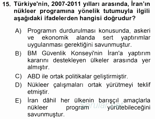 Türk Dış Politikası 2 2015 - 2016 Dönem Sonu Sınavı 15.Soru