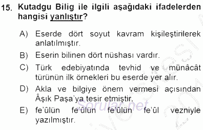 VIII-XIII. Yüzyıllar Türk Edebiyatı 2015 - 2016 Ara Sınavı 15.Soru