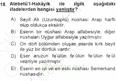 VIII-XIII. Yüzyıllar Türk Edebiyatı 2015 - 2016 Ara Sınavı 18.Soru