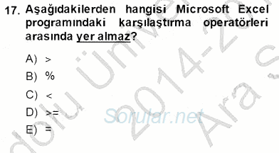 Bilgisayar 1 2014 - 2015 Ara Sınavı 17.Soru