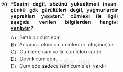 Türkçe Cümle Bilgisi 2 2014 - 2015 Dönem Sonu Sınavı 20.Soru