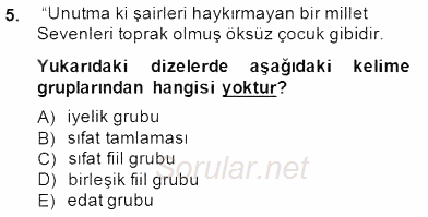 Türkçe Cümle Bilgisi 2 2014 - 2015 Dönem Sonu Sınavı 5.Soru