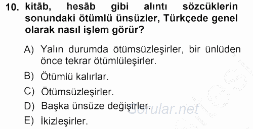 Türkçe Ses Bilgisi 2012 - 2013 Ara Sınavı 10.Soru