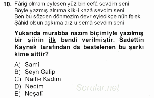 XVIII. Yüzyıl Türk Edebiyatı 2014 - 2015 Dönem Sonu Sınavı 10.Soru