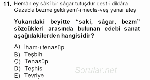 XVIII. Yüzyıl Türk Edebiyatı 2014 - 2015 Dönem Sonu Sınavı 11.Soru