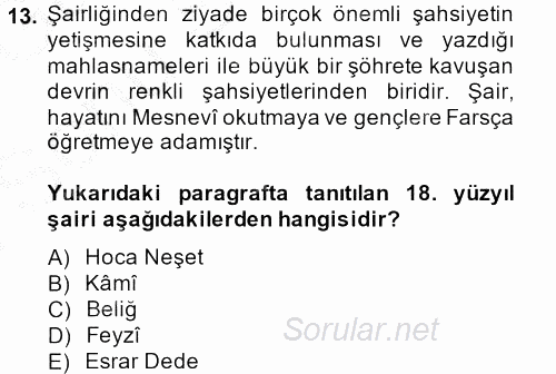 XVIII. Yüzyıl Türk Edebiyatı 2014 - 2015 Dönem Sonu Sınavı 13.Soru