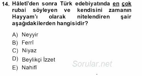 XVIII. Yüzyıl Türk Edebiyatı 2014 - 2015 Dönem Sonu Sınavı 14.Soru