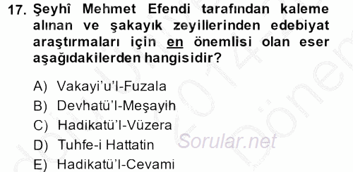 XVIII. Yüzyıl Türk Edebiyatı 2014 - 2015 Dönem Sonu Sınavı 17.Soru