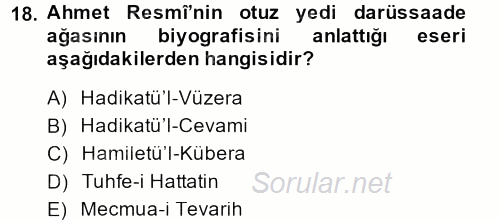 XVIII. Yüzyıl Türk Edebiyatı 2014 - 2015 Dönem Sonu Sınavı 18.Soru