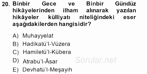 XVIII. Yüzyıl Türk Edebiyatı 2014 - 2015 Dönem Sonu Sınavı 20.Soru