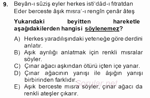 XVIII. Yüzyıl Türk Edebiyatı 2014 - 2015 Dönem Sonu Sınavı 9.Soru