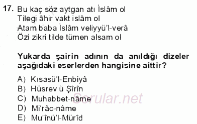 VIII-XIII. Yüzyıllar Türk Edebiyatı 2012 - 2013 Dönem Sonu Sınavı 17.Soru