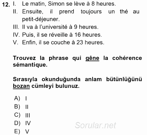 Fransızca 1 2015 - 2016 Tek Ders Sınavı 12.Soru