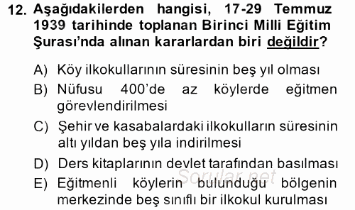 Türk Eğitim Tarihi 2014 - 2015 Ara Sınavı 12.Soru