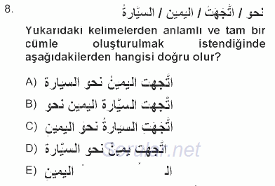 Arapça 3 2012 - 2013 Tek Ders Sınavı 8.Soru