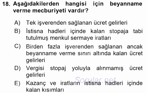 Türk Vergi Sistemi 2016 - 2017 Ara Sınavı 18.Soru