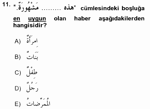 Arapça 1 2015 - 2016 Tek Ders Sınavı 11.Soru
