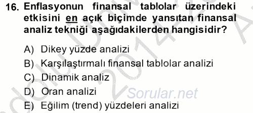 Finansal Tablolar Analizi 2014 - 2015 Ara Sınavı 16.Soru