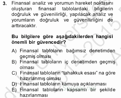 Finansal Tablolar Analizi 2014 - 2015 Ara Sınavı 3.Soru