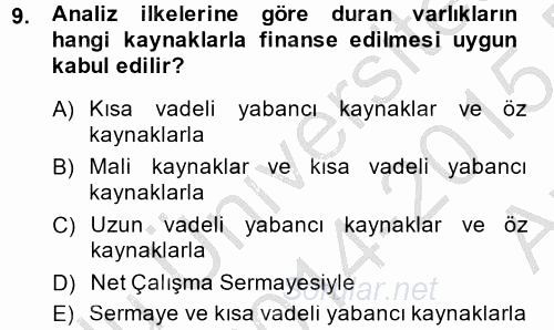 Finansal Tablolar Analizi 2014 - 2015 Ara Sınavı 9.Soru