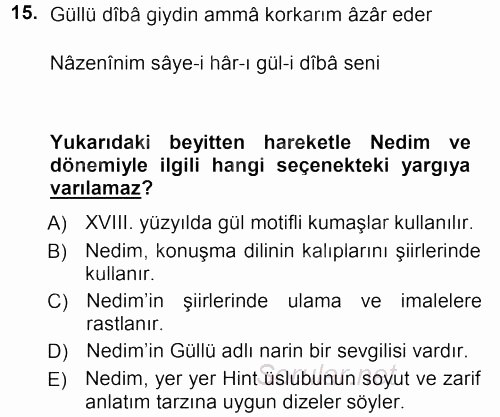 XVIII. Yüzyıl Türk Edebiyatı 2012 - 2013 Ara Sınavı 15.Soru