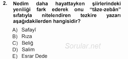 XVIII. Yüzyıl Türk Edebiyatı 2012 - 2013 Ara Sınavı 2.Soru