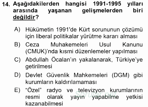 Türkiye Cumhuriyeti Siyasî Tarihi 2015 - 2016 Dönem Sonu Sınavı 14.Soru