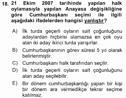 Türkiye Cumhuriyeti Siyasî Tarihi 2015 - 2016 Dönem Sonu Sınavı 18.Soru