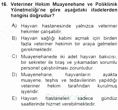 Veteriner Hizmetleri Mevzuatı ve Etik 2015 - 2016 Ara Sınavı 16.Soru