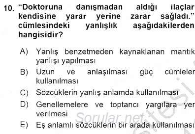 Türkçe Sözlü Anlatım 2015 - 2016 Dönem Sonu Sınavı 10.Soru