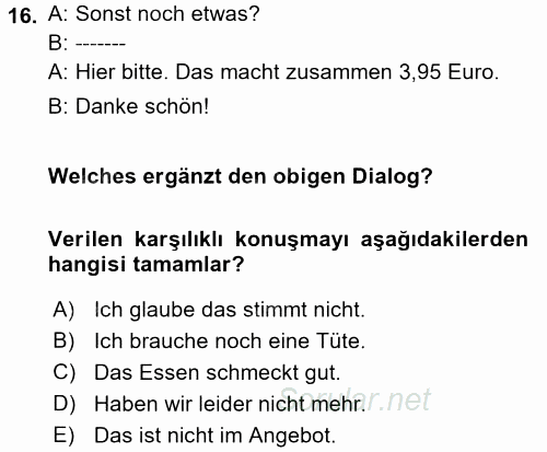 Almanca 1 2017 - 2018 Ara Sınavı 16.Soru