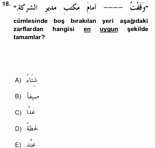 Arapça 3 2017 - 2018 Ara Sınavı 18.Soru