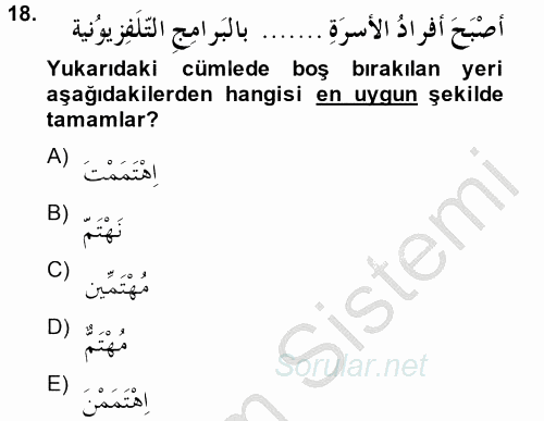 Arapça 2 2014 - 2015 Dönem Sonu Sınavı 18.Soru