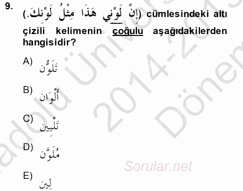 Arapça 2 2014 - 2015 Dönem Sonu Sınavı 9.Soru