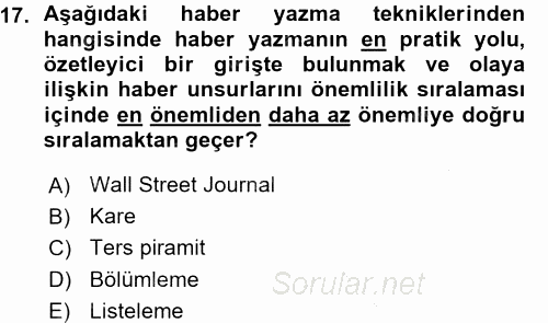 Haber Yazma Teknikleri 2015 - 2016 Ara Sınavı 17.Soru
