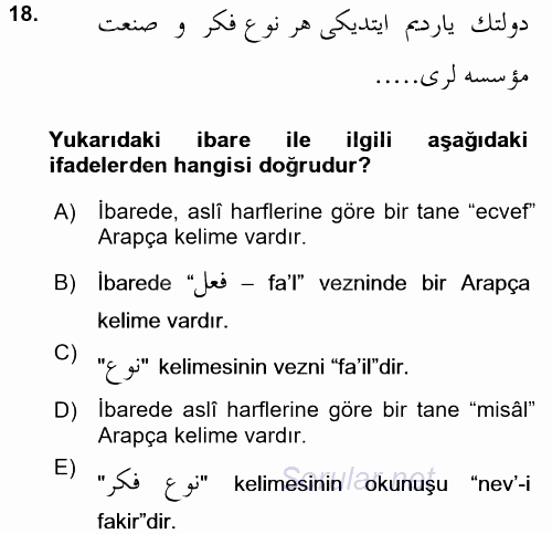 Osmanlı Türkçesi Grameri 1 2017 - 2018 Ara Sınavı 18.Soru