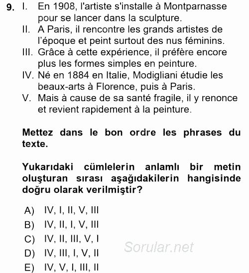 Fransızca 2 2016 - 2017 Dönem Sonu Sınavı 9.Soru