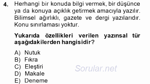 Türk Dili 2 2014 - 2015 Dönem Sonu Sınavı 4.Soru