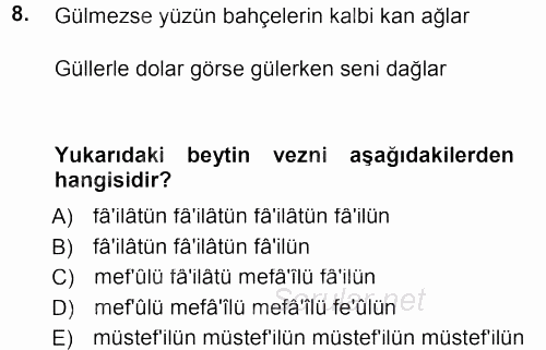 Eski Türk Edebiyatına Giriş: Biçim ve Ölçü 2012 - 2013 Dönem Sonu Sınavı 8.Soru
