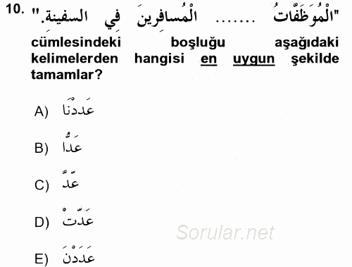 Arapça 2 2016 - 2017 Ara Sınavı 10.Soru