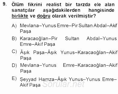 Tanzimat Dönemi Türk Edebiyatı 2 2014 - 2015 Dönem Sonu Sınavı 9.Soru